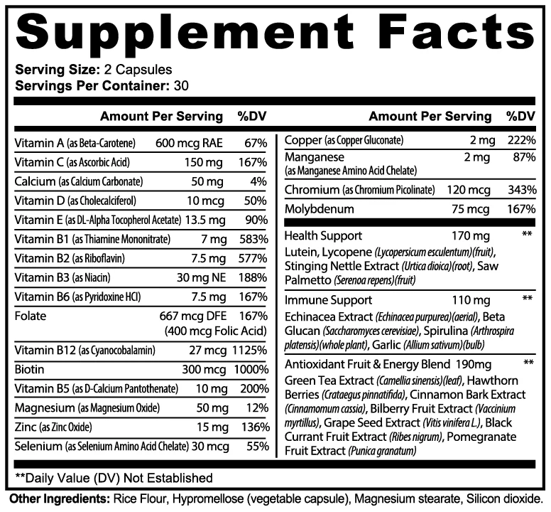 Complete Multivitamin Supplement Facts panel